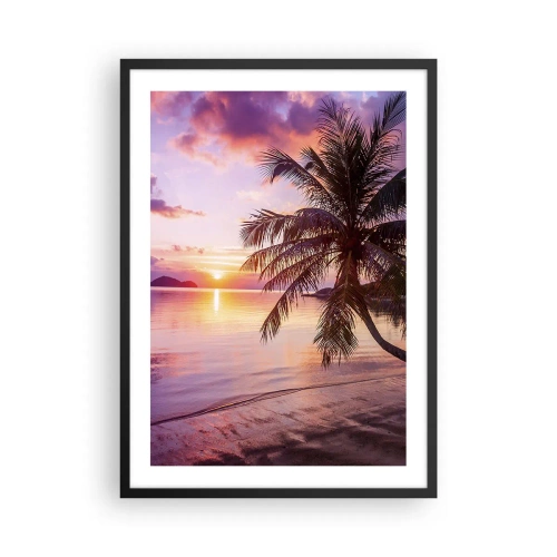 Affiche dans un cadre noir - Poster - Coucher de soleil tropical avec palmier sur la plage - 50x70cm - Le bonheur à l'horizon - Décoration murale moderne pour le salon et la chambre ARTTOR