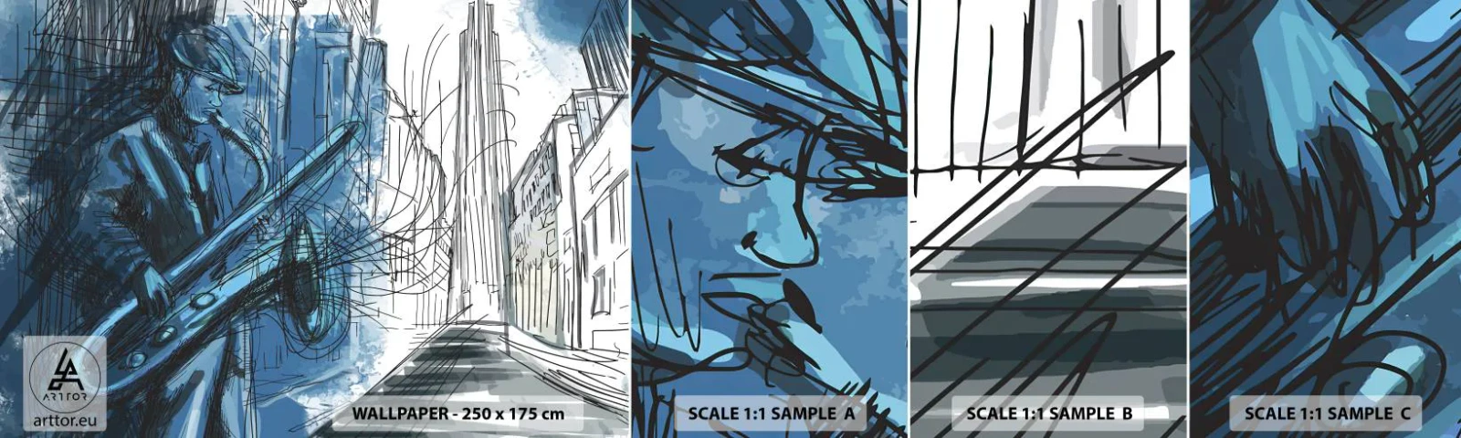 Échantillon de Papier Peint Autocollant Deluxe Sticker - Rhapsodie urbaine - Saxophone, le jazz, Musique - 100x30 cm