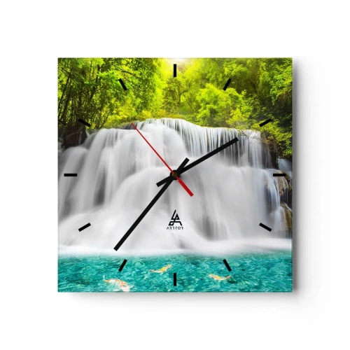 Horloge murale - Pendule murale - Une cascade dans une forêt tropicale avec de l'eau turquoise - 30x30cm - Une cascade mousseuse du vert à l'azur - Décoration murale moderne pour le salon et la chambre ARTTOR