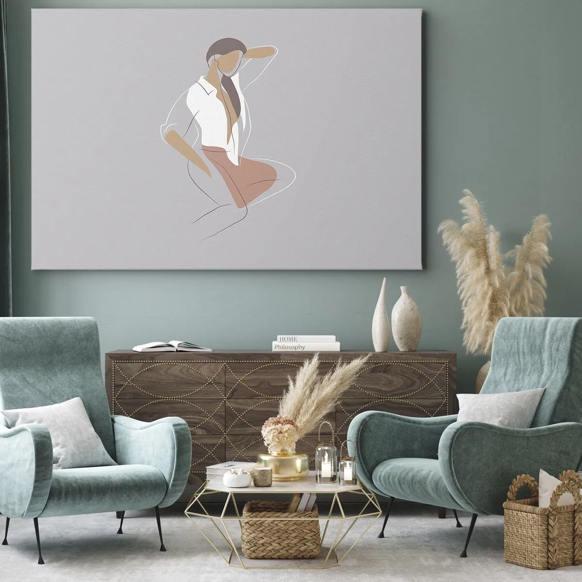 Impression sur toile - Image sur toile - Un portrait minimaliste d'une femme aux couleurs pastel. - 120x80cm - Contour gracieux - Décoration murale moderne pour le salon et la chambre ARTTOR