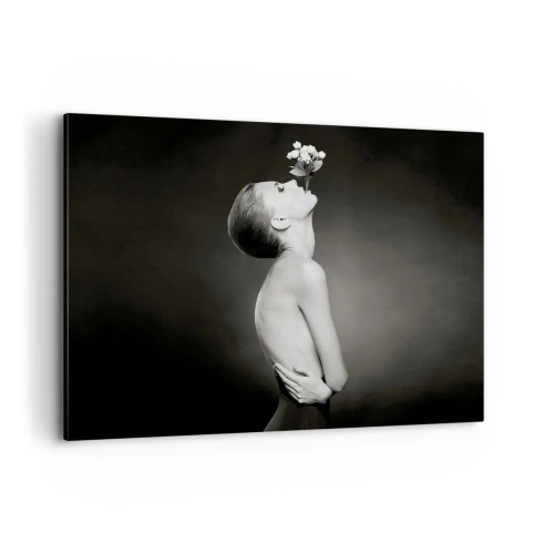 Impression sur toile - Image sur toile - Silhouette noire et blanche d'une femme avec une fleur - 100x70cm - Elégance excentrique - Décoration murale moderne pour le salon et la chambre ARTTOR