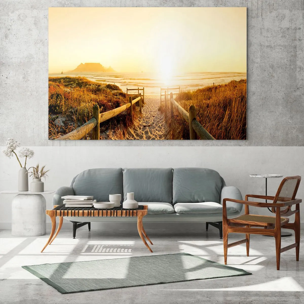 Impression sur verre - Image sur verre - Chemin sur la dune menant à la plage au coucher du soleil - 100x70cm - A travers la dune, vers le soleil - Décoration murale moderne pour le salon et la chambre ARTTOR