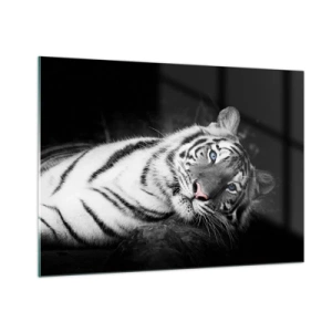 Impression sur verre - Image sur verre - Un tigre blanc aux yeux bleus dans un décor noir et blanc - 100x70cm - Sauvagerie et paix - Décoration murale moderne pour le salon et la chambre ARTTOR