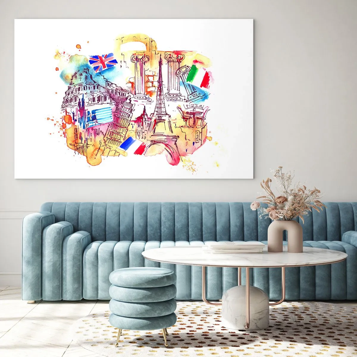 Impression sur verre - Image sur verre - Aquarelle de monuments européens avec drapeaux de pays - 70x50cm - Tournée européenne - Décoration murale moderne pour le salon et la chambre ARTTOR