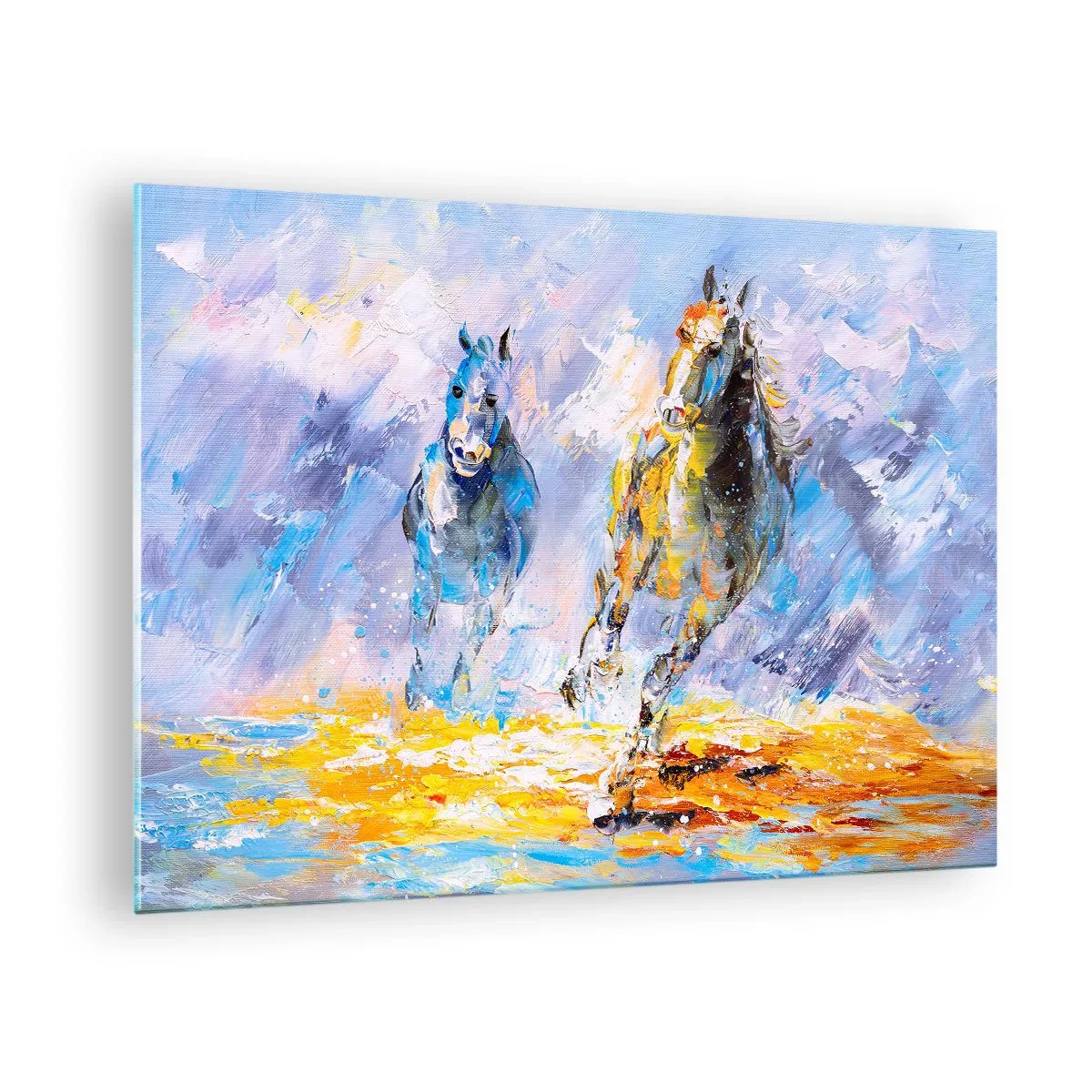 Impression sur verre - Image sur verre - Deux chevaux galopant dans l'eau dans un style artistique - 70x50cm - À travers l'éblouissement du galop - Décoration murale moderne pour le salon et la chambre ARTTOR