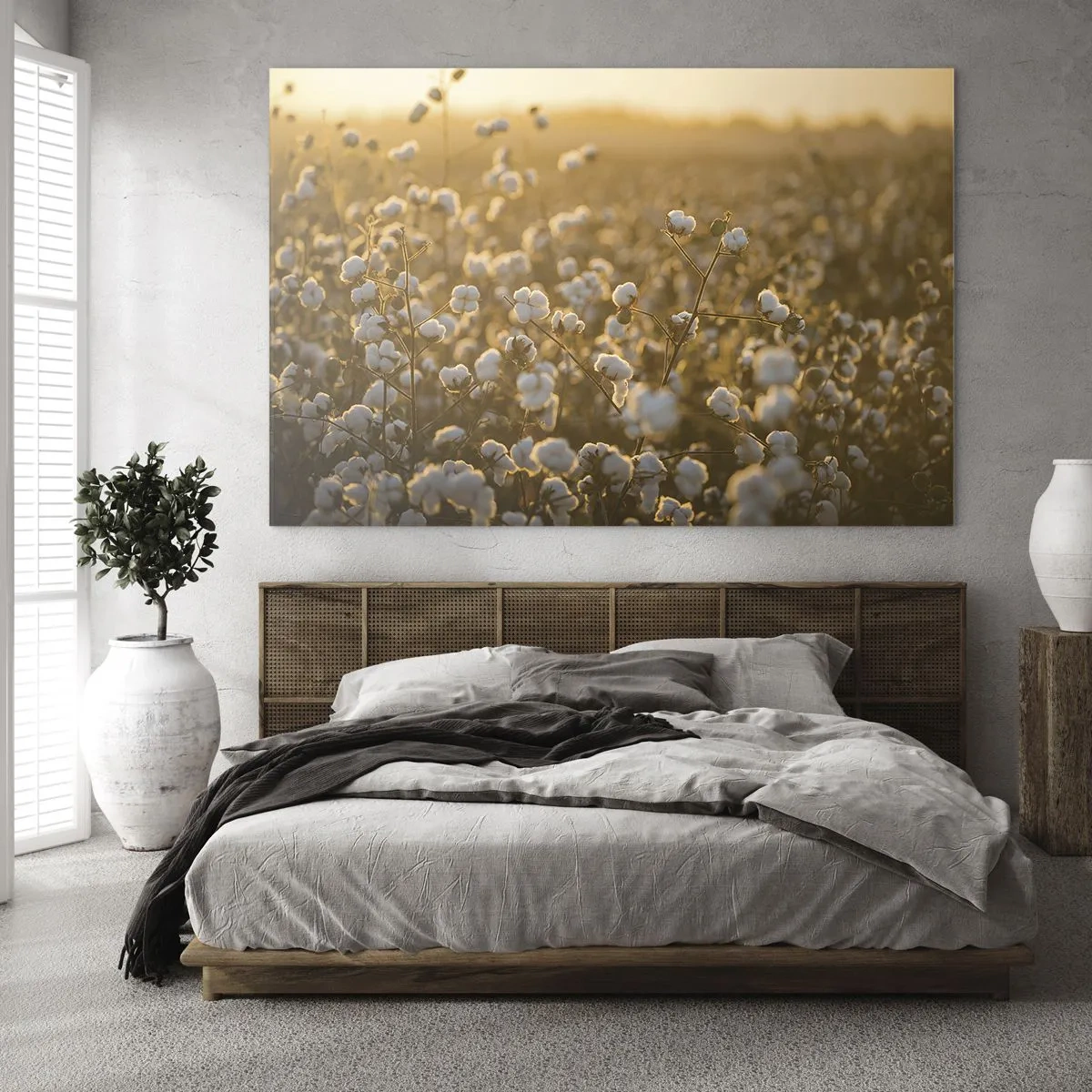 Impression sur verre - Image sur verre - Champ de coton au coucher du soleil - 100x70cm - Champ moelleux - Décoration murale moderne pour le salon et la chambre ARTTOR