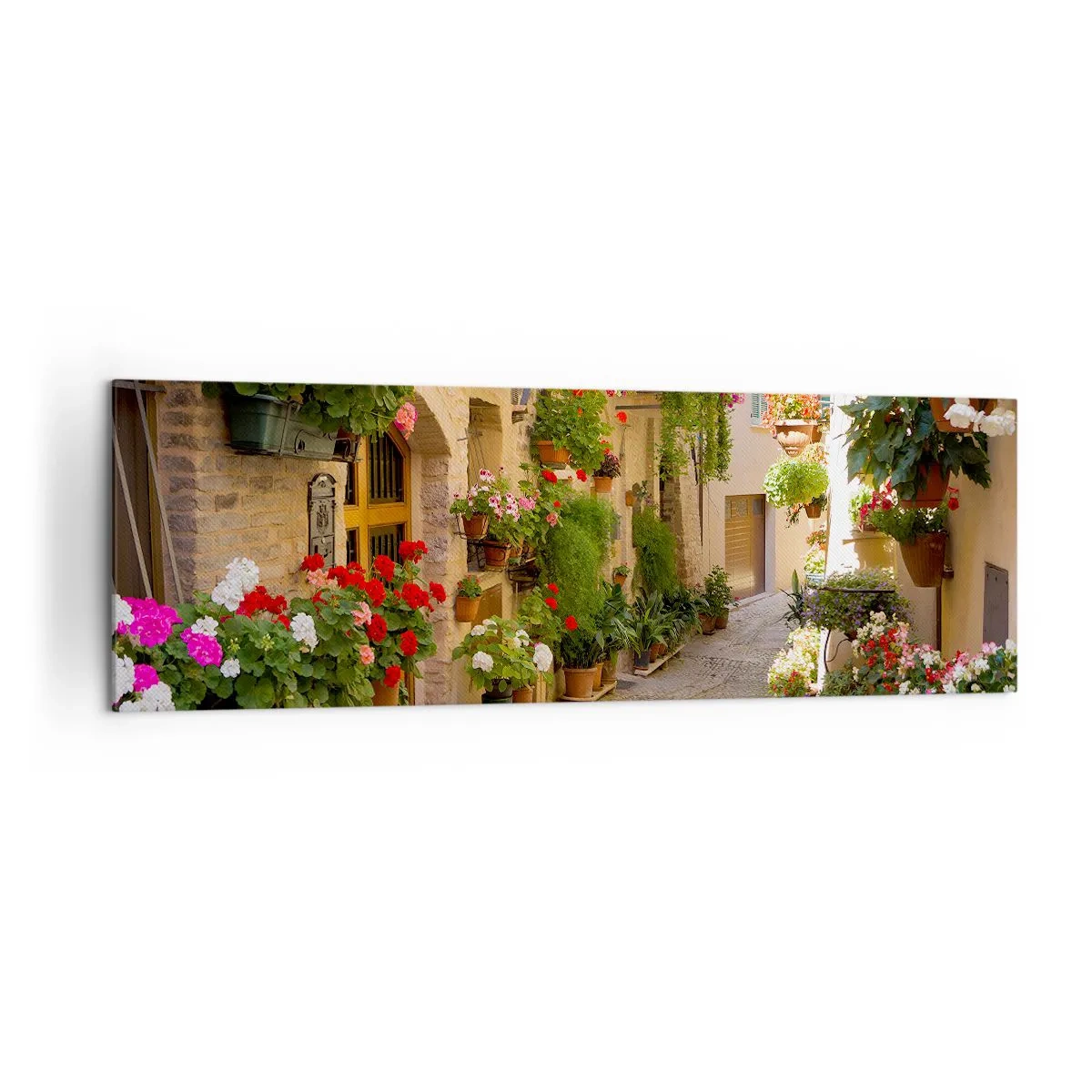 Impression sur toile - Image sur toile - Une rue avec des pots de fleurs et des murs de pierre - 160x50cm - Une inondation de fleurs - Décoration murale moderne pour le salon et la chambre ARTTOR