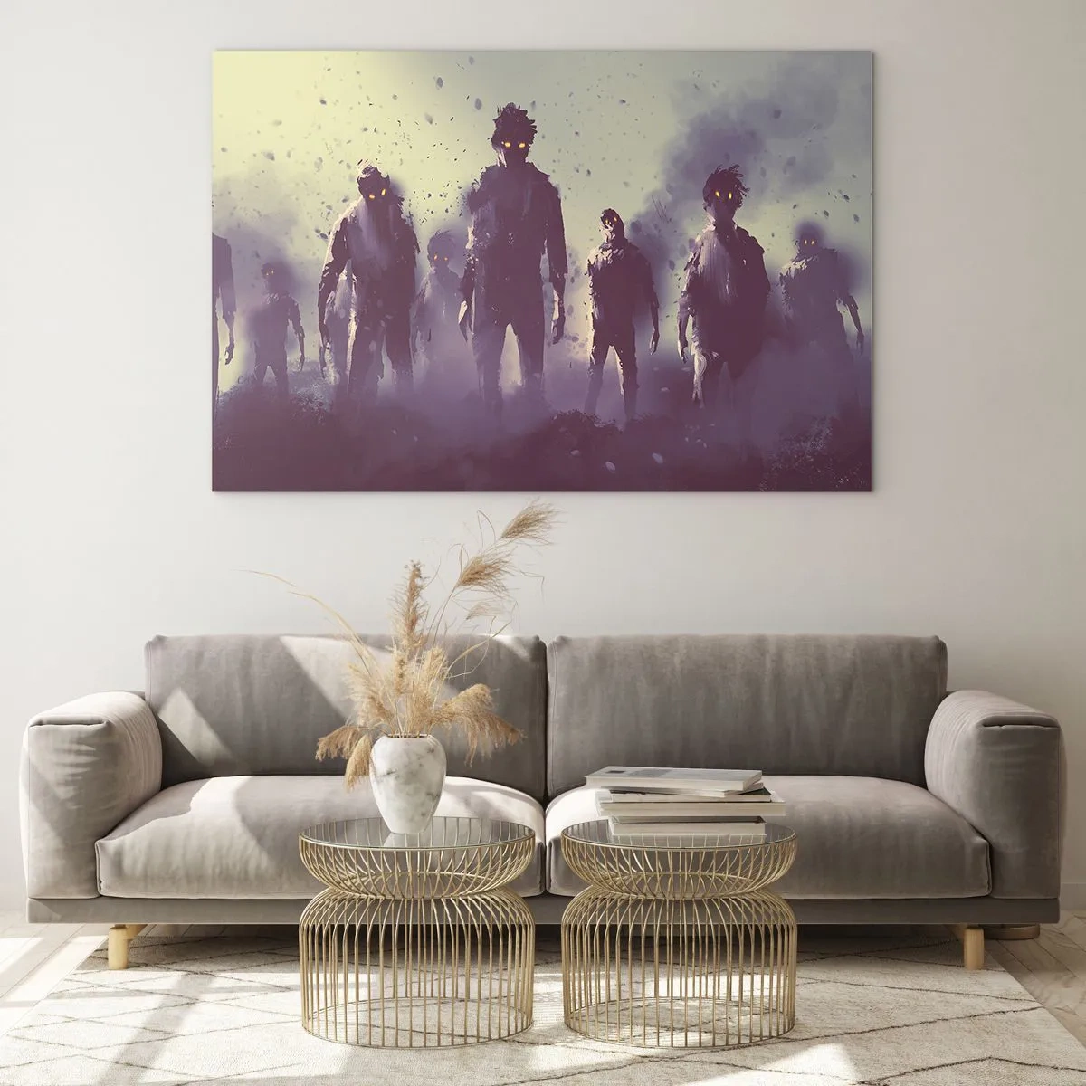Impression sur verre - Image sur verre - Une illustration sombre d'un groupe de personnages dans le brouillard - 70x50cm - Fais attention! Ils arrivent - Décoration murale moderne pour le salon et la chambre ARTTOR