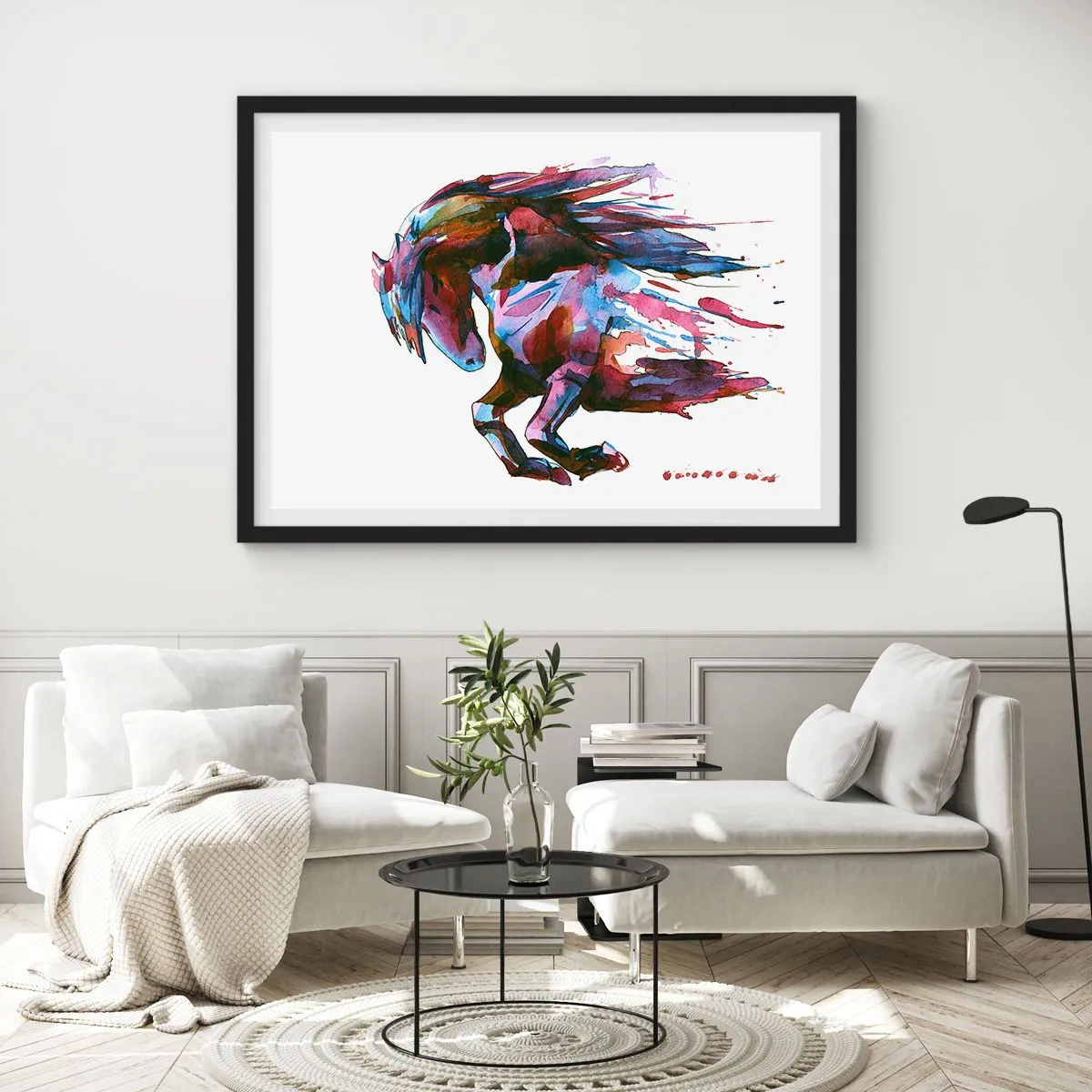 Affiche dans un cadre noir - Poster - Un cheval aux couleurs abstraites dynamiques symbolisant la liberté - 70x50cm - Dans le ravissement - Décoration murale moderne pour le salon et la chambre ARTTOR