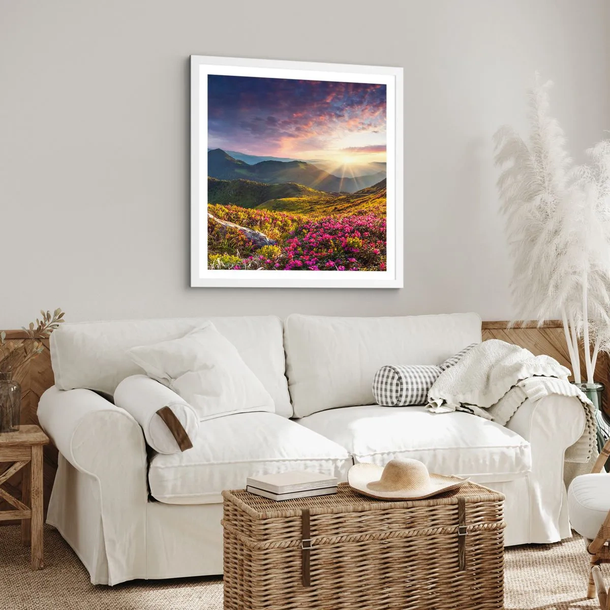 Affiche dans un cadre blanc - Poster - Fraîcheur matinale en montagne - 40x40 cm