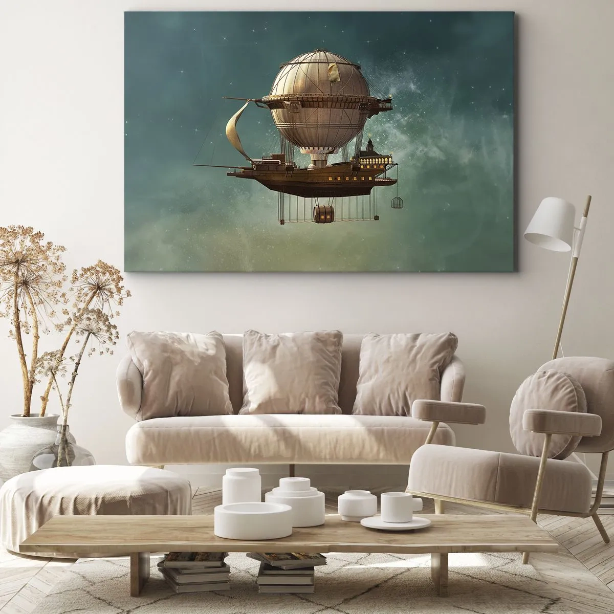 Impression sur toile - Image sur toile - Un dirigeable fantastique contre le ciel verdâtre - 100x70cm - Jules Verne vous salue - Décoration murale moderne pour le salon et la chambre ARTTOR