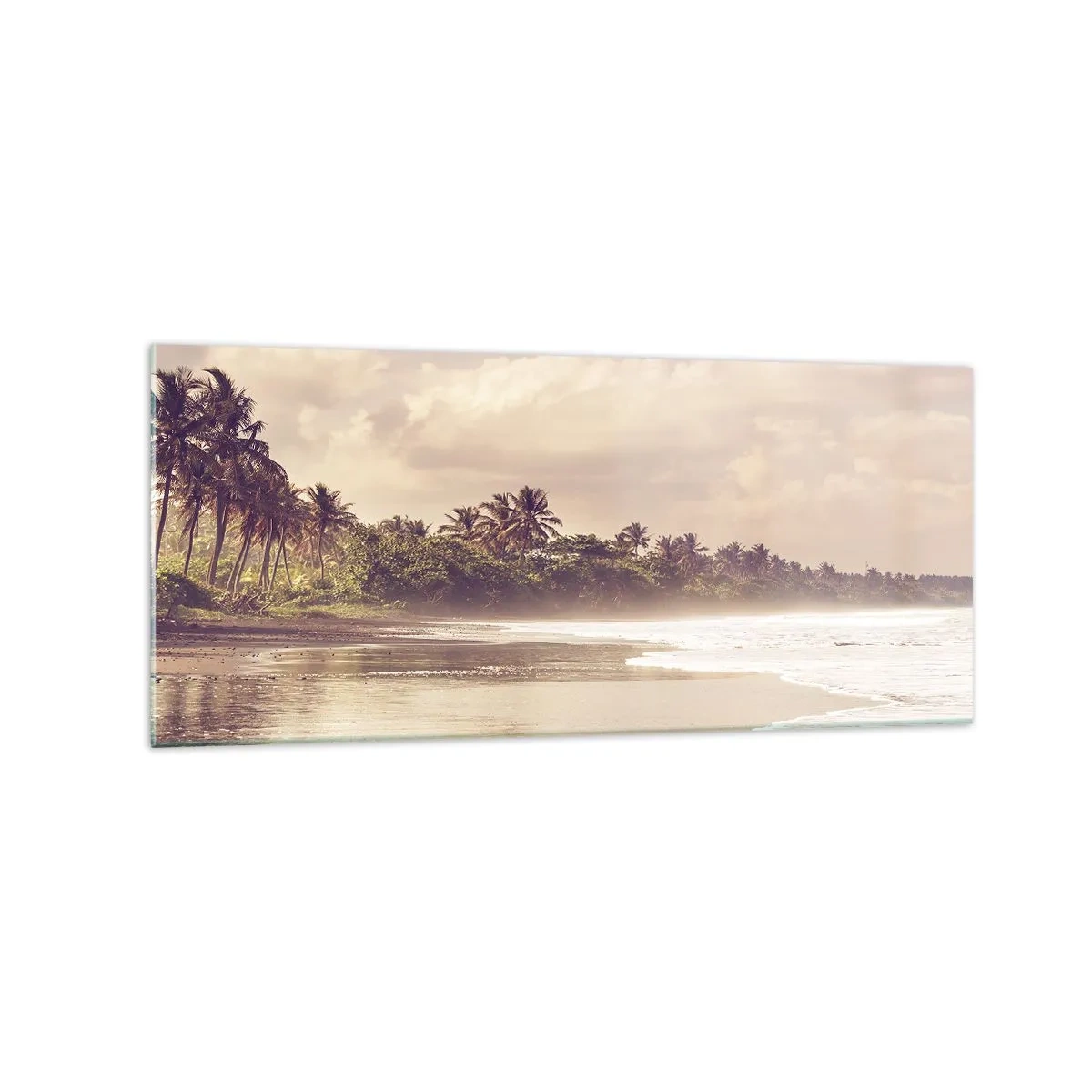 Impression sur verre - Image sur verre - Une plage avec des palmiers et des vagues douces le matin - 120x50cm - La caresse des vagues - Décoration murale moderne pour le salon et la chambre ARTTOR
