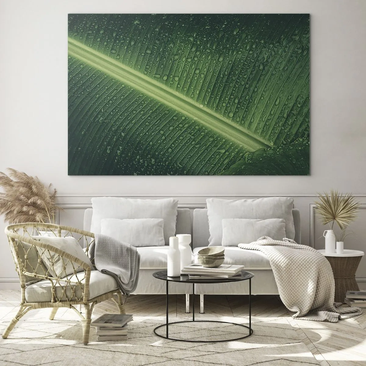 Impression sur verre - Image sur verre - Gros plan d'une feuille verte avec des gouttes d'eau - 100x70cm - Structure de vert - Décoration murale moderne pour le salon et la chambre ARTTOR