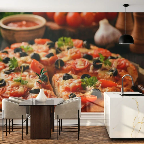 Papier Peint Photo Premium Canvas - Tu t'en es encore tiré - La gastronomie, Pizza, Tomate - 200x140 cm