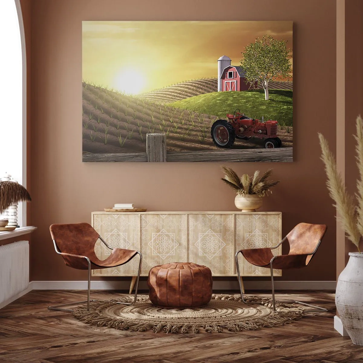 Impression sur toile - Image sur toile - Paysage rural avec une grange rouge, un tracteur et un lever de soleil - 120x80cm - Une ferme comme dans un conte de fées - Décoration murale moderne pour le salon et la chambre ARTTOR