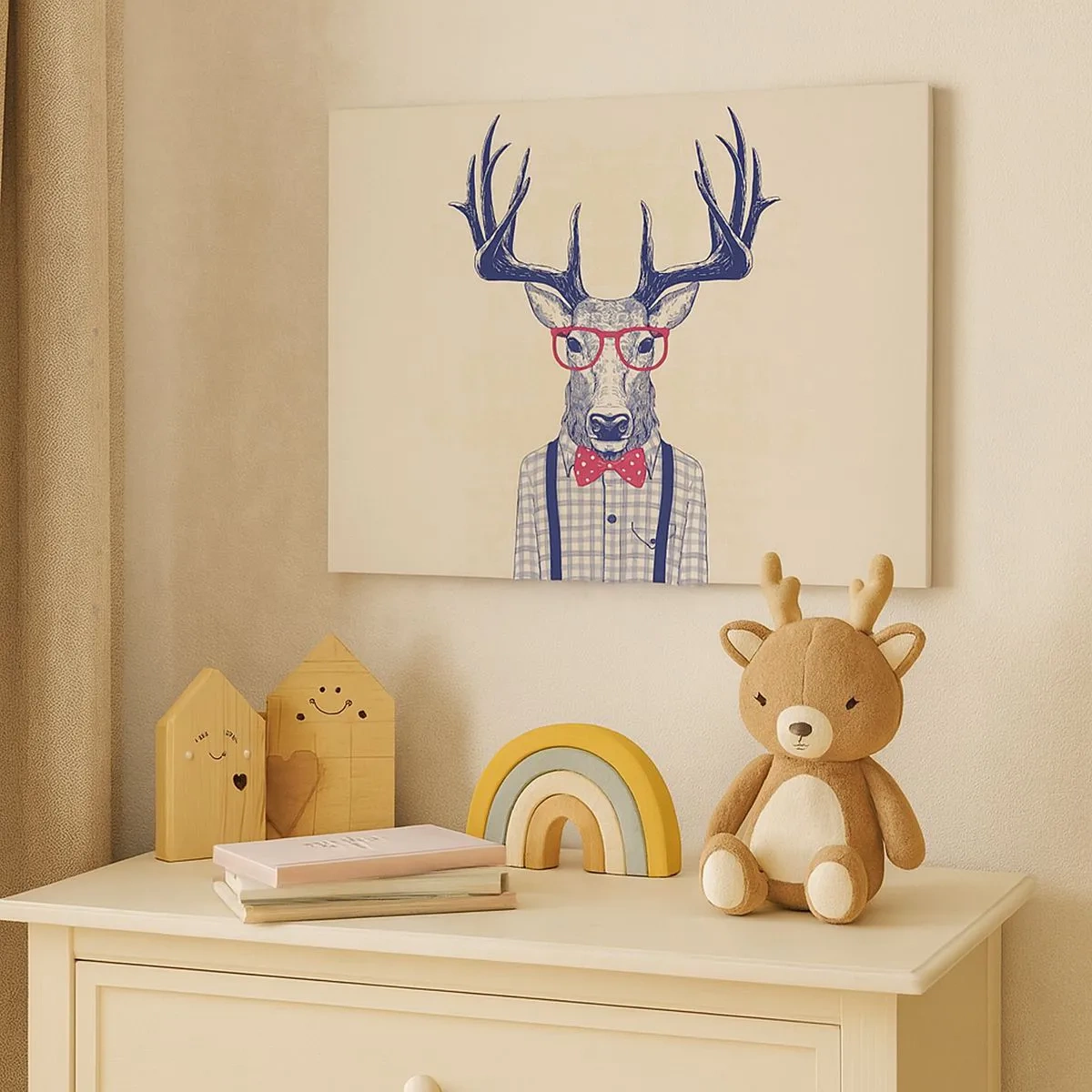 Impression sur toile - Image sur toile - Graphique stylisé d'un cerf portant des lunettes et un nœud papillon - 70x50cm - Une extravagance amusante - Décoration murale moderne pour le salon et la chambre ARTTOR