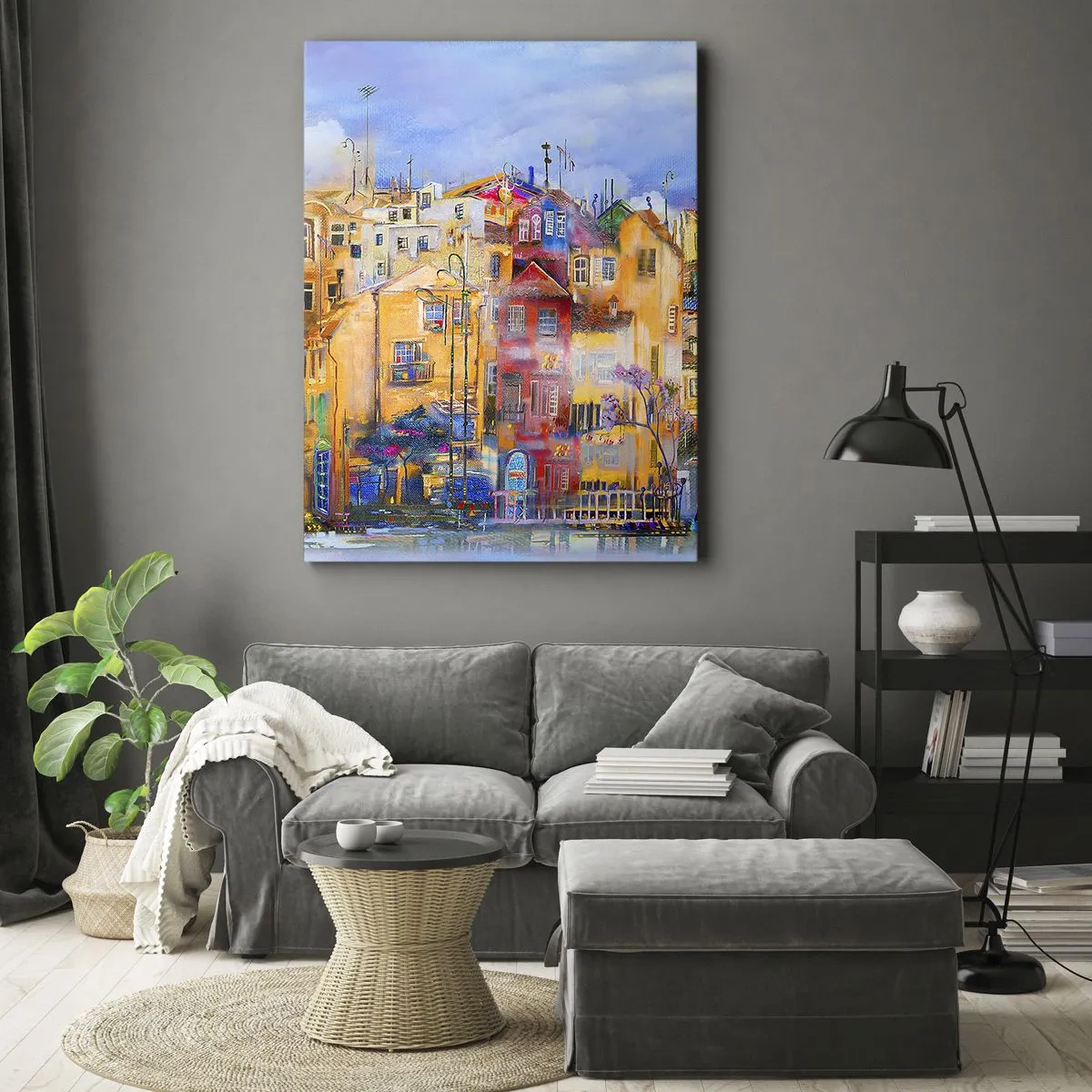Impression sur toile - Image sur toile - Bâtiments urbains colorés dans un style artistique - 50x70cm - Nous sommes ensemble - Décoration murale moderne pour le salon et la chambre ARTTOR