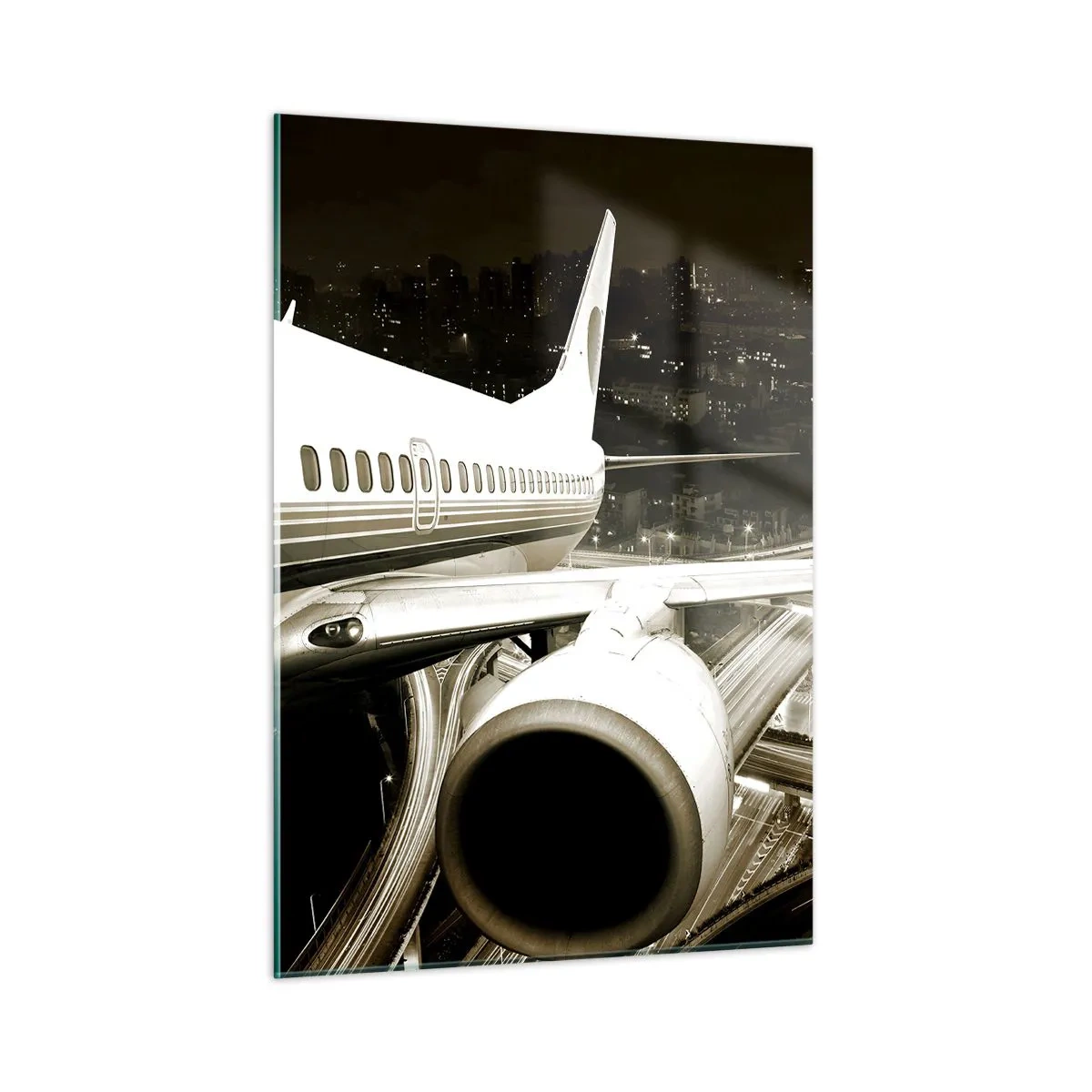 Impression sur verre - Image sur verre - Un avion au dessus de la ville la nuit avec une ambiance industrielle - 50x70cm - Vole dans la nuit - Décoration murale moderne pour le salon et la chambre ARTTOR