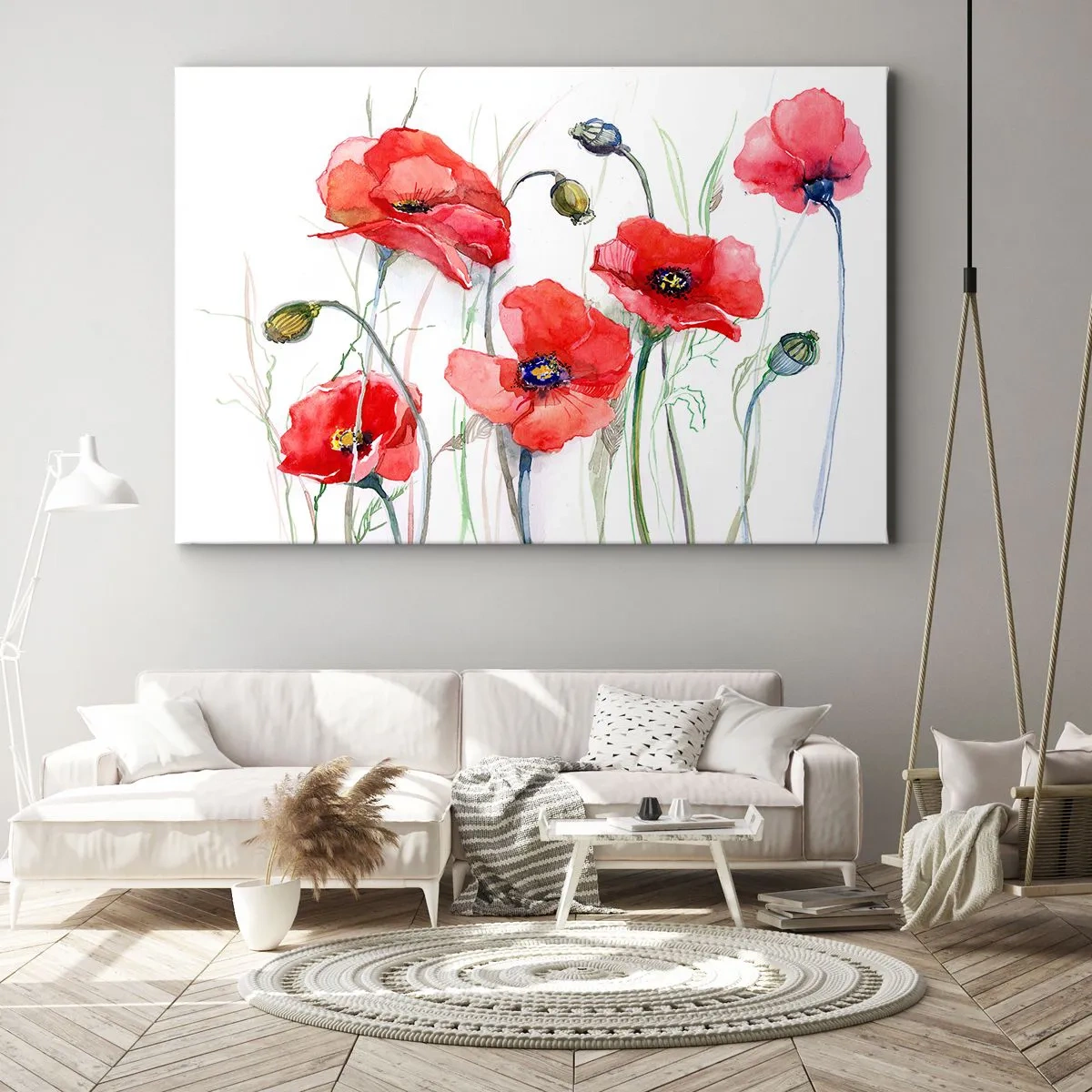 Impression sur toile - Image sur toile - Coquelicots à l'aquarelle sur un fond délicat - 70x50cm - Fleurs polonaises - Décoration murale moderne pour le salon et la chambre ARTTOR