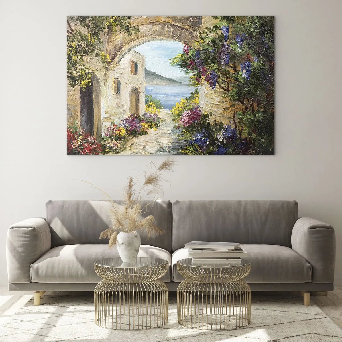 Impression sur verre - Image sur verre - Une rue pittoresque avec vue sur le lac - 70x50cm - Le charme d'une province côtière - Décoration murale moderne pour le salon et la chambre ARTTOR