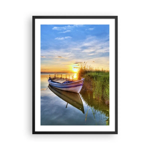 Affiche dans un cadre noir - Poster - Un bateau sur un lac calme au coucher du soleil - 50x70cm - La crique où les rêves deviennent réalité - Décoration murale moderne pour le salon et la chambre ARTTOR