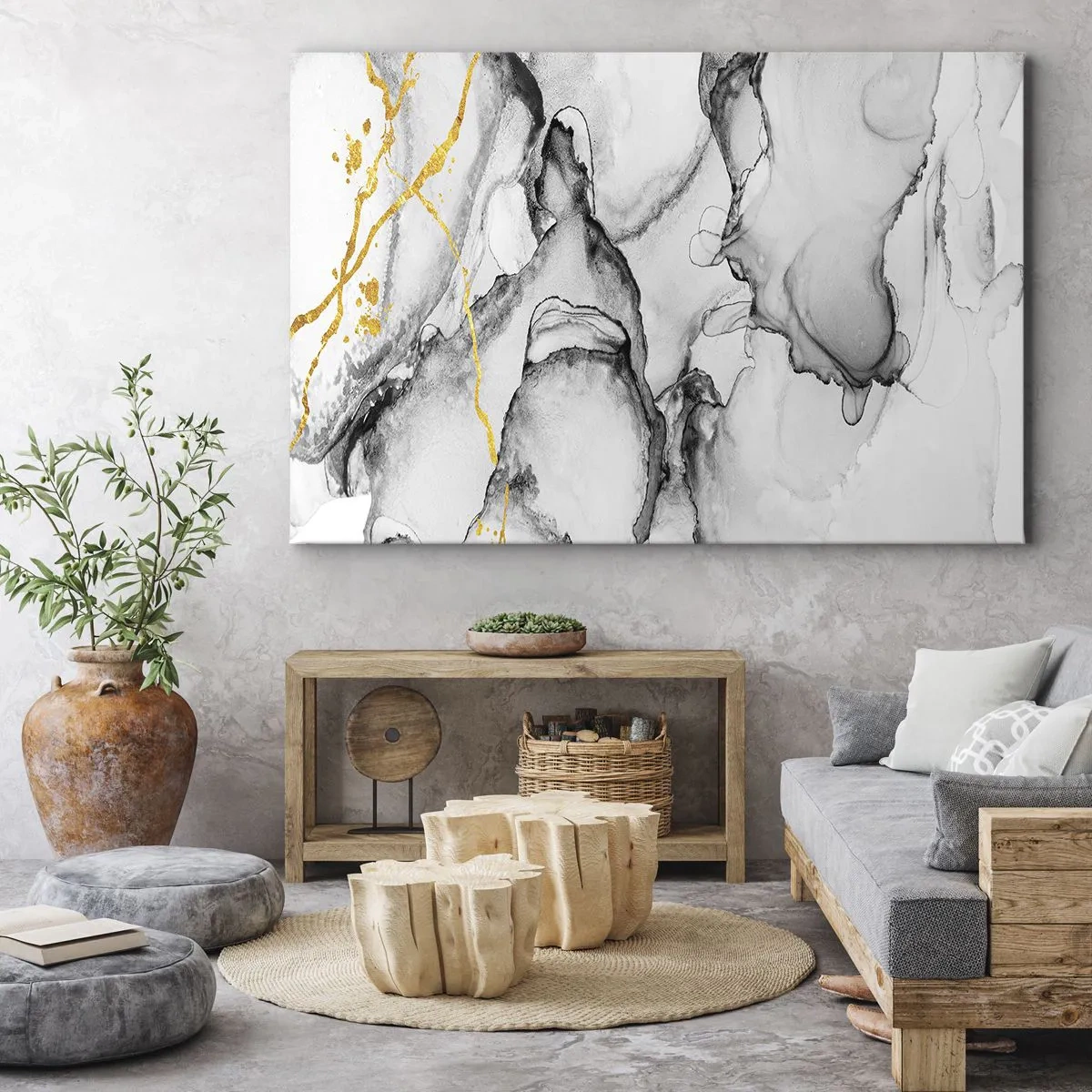Impression sur toile - Image sur toile - Motifs abstraits en noir et blanc avec des accents dorés - 70x50cm - Composition à motif or - Décoration murale moderne pour le salon et la chambre ARTTOR