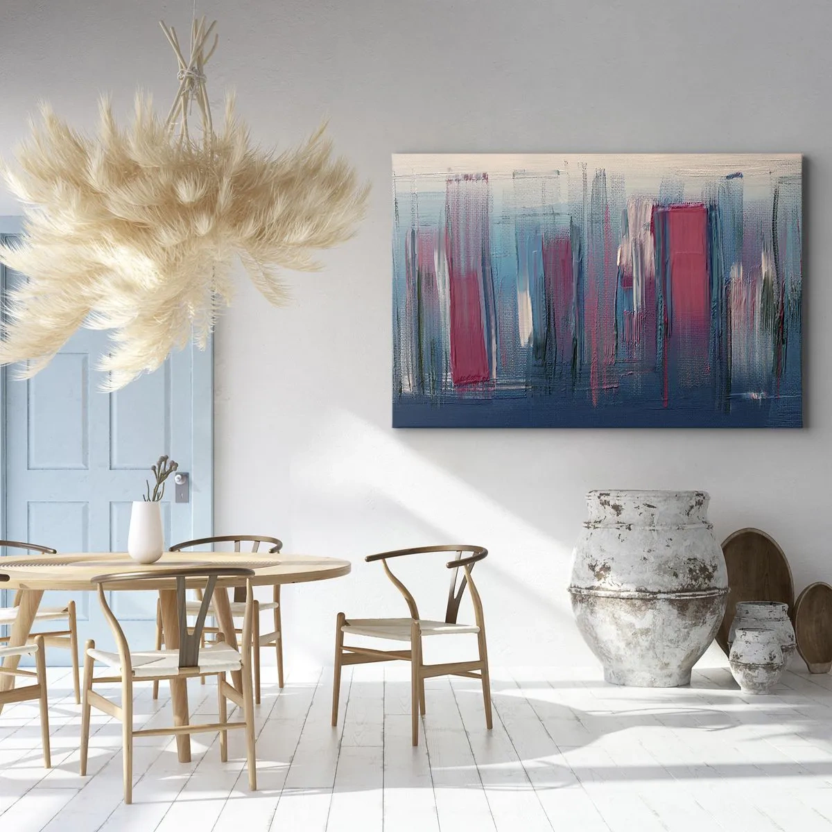 Impression sur toile - Image sur toile - Formes verticales abstraites dans des tons de bleu et de rouge - 100x70cm - Composition verticale en bleu et rouge - Décoration murale moderne pour le salon et la chambre ARTTOR