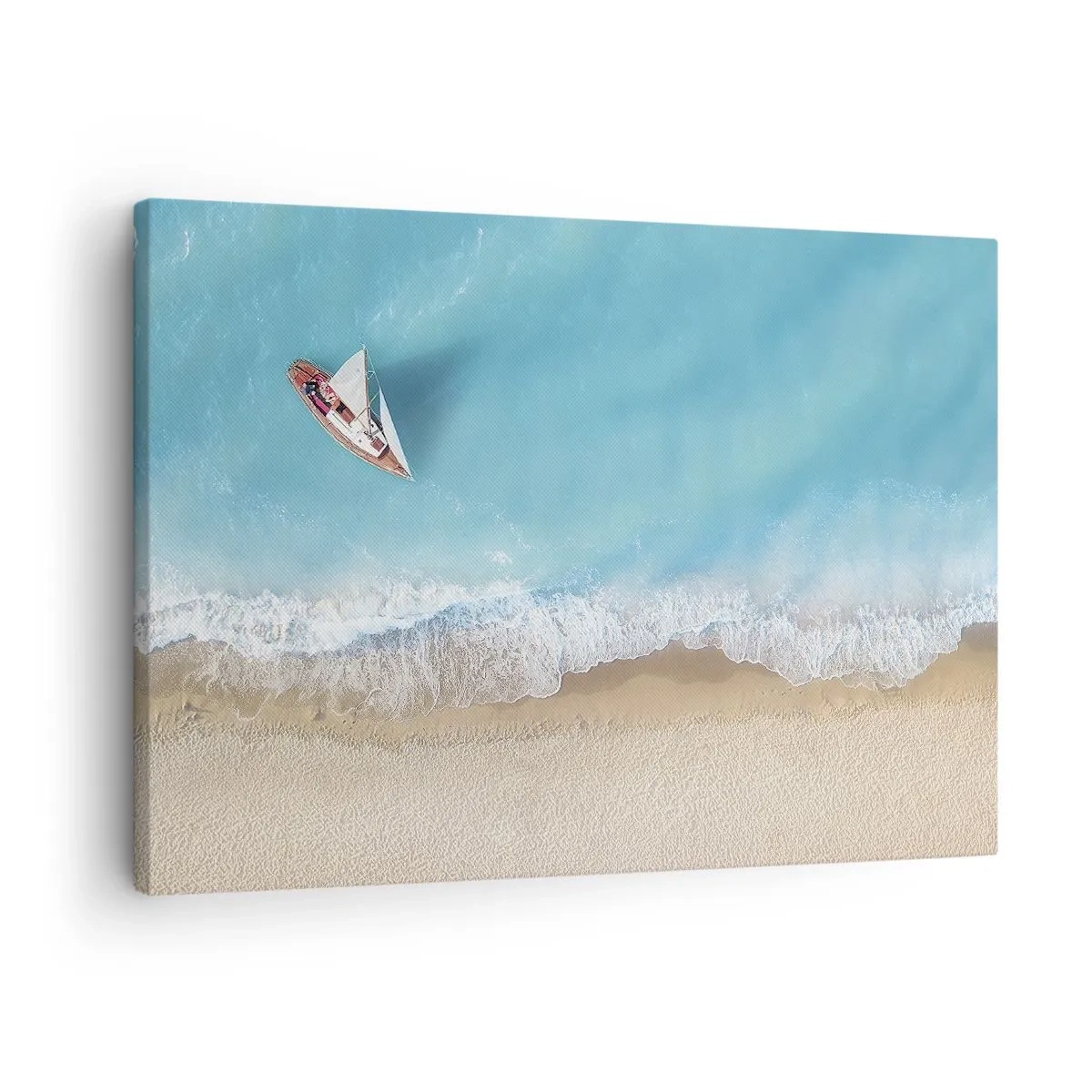Impression sur toile - Image sur toile - Vue aérienne d'un bateau sur la plage - 70x50cm - A la frontière de l'azur et de l'or - Décoration murale moderne pour le salon et la chambre ARTTOR