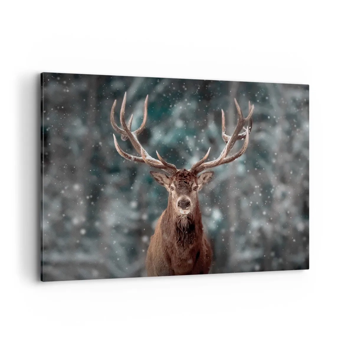 Impression sur toile - Image sur toile - Cerf dans une forêt d'hiver avec de la neige qui tombe - 100x70cm - Roi de la forêt couronné - Décoration murale moderne pour le salon et la chambre ARTTOR
