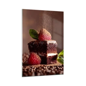 Impression sur verre - Image sur verre - Gâteau au chocolat aux framboises et à la menthe sur fond de fèves de cacao - 70x100cm - La vie est douce - Décoration murale moderne pour le salon et la chambre ARTTOR