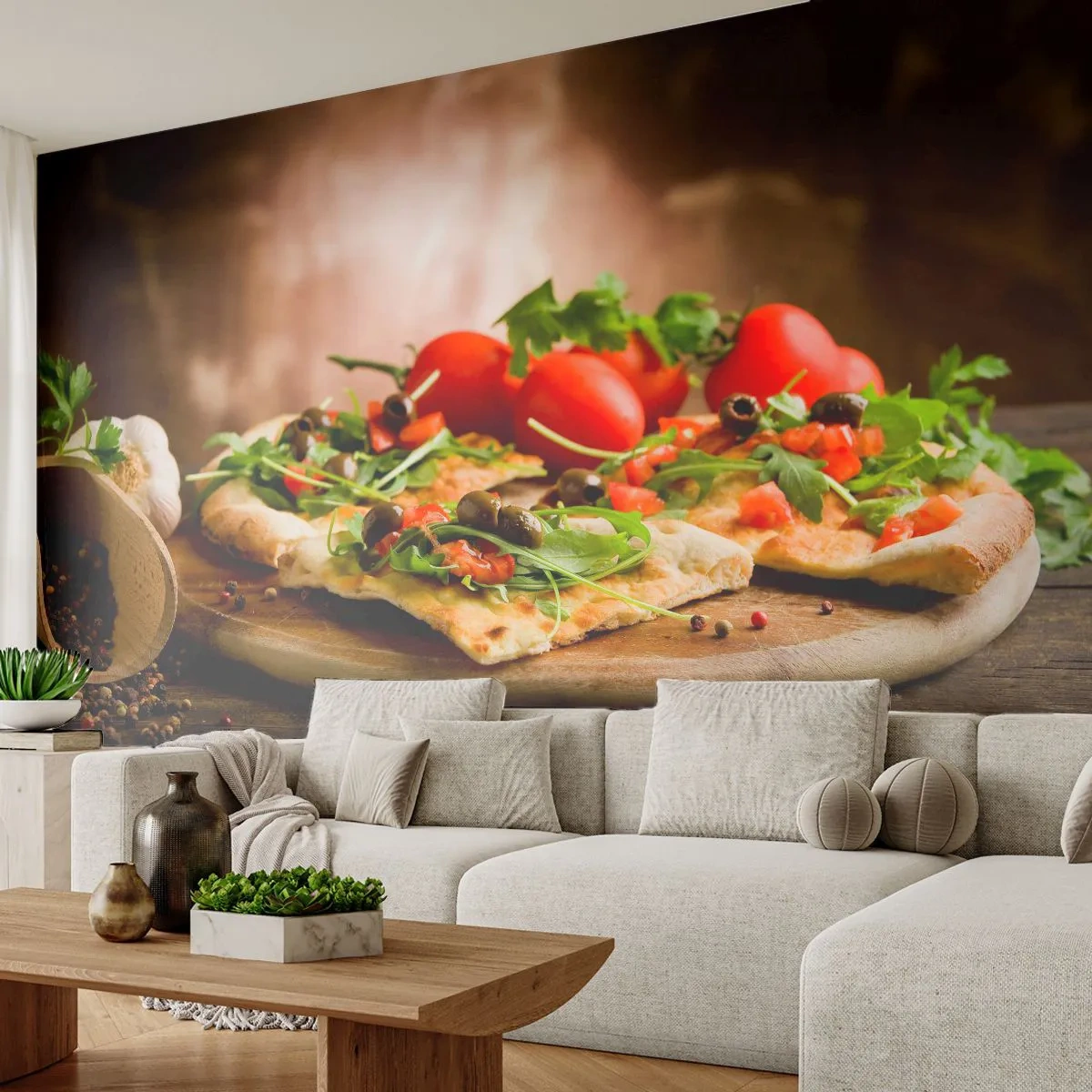 Papier Peint Photo Premium Canvas - Directement du four et du jardin - La gastronomie, Pizza, Italie - 500x350 cm