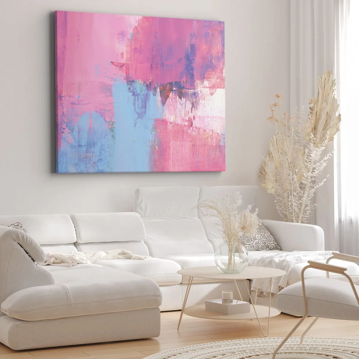 Impression sur toile - Image sur toile - Composition abstraite en rose et bleu - 70x50cm - Du rose, du bleu et une pincée de lumière - Décoration murale moderne pour le salon et la chambre ARTTOR