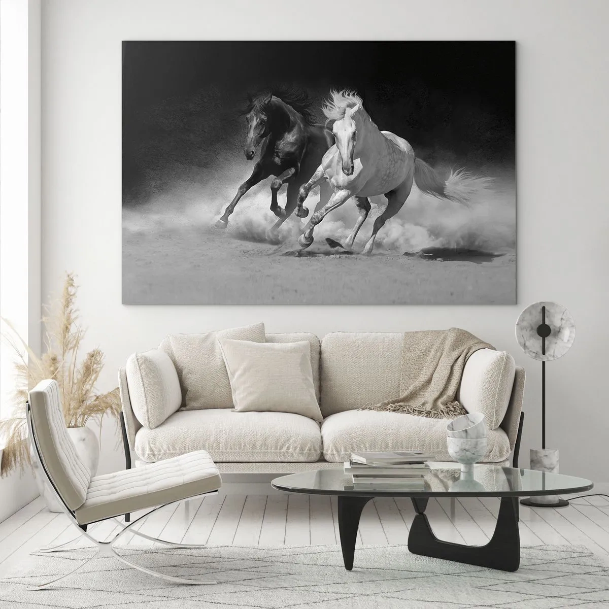 Impression sur verre - Image sur verre - Chevaux au galop en noir et blanc - 70x50cm - Galop de la liberté - Décoration murale moderne pour le salon et la chambre ARTTOR