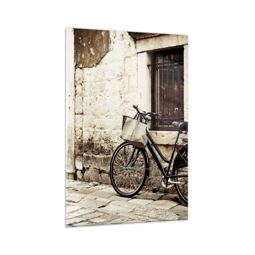 Impression sur verre - Image sur verre - Un vélo contre un mur de pierre avec une fenêtre et une porte de style rétro - 70x100cm - Retour au passé - Décoration murale moderne pour le salon et la chambre ARTTOR
