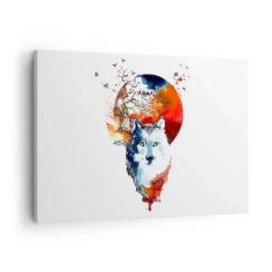 Impression sur toile - Image sur toile - Aquarelle abstraite d'un loup sur fond de lune rouge - 70x50cm - Nez à nez avec la nuit - Décoration murale moderne pour le salon et la chambre ARTTOR