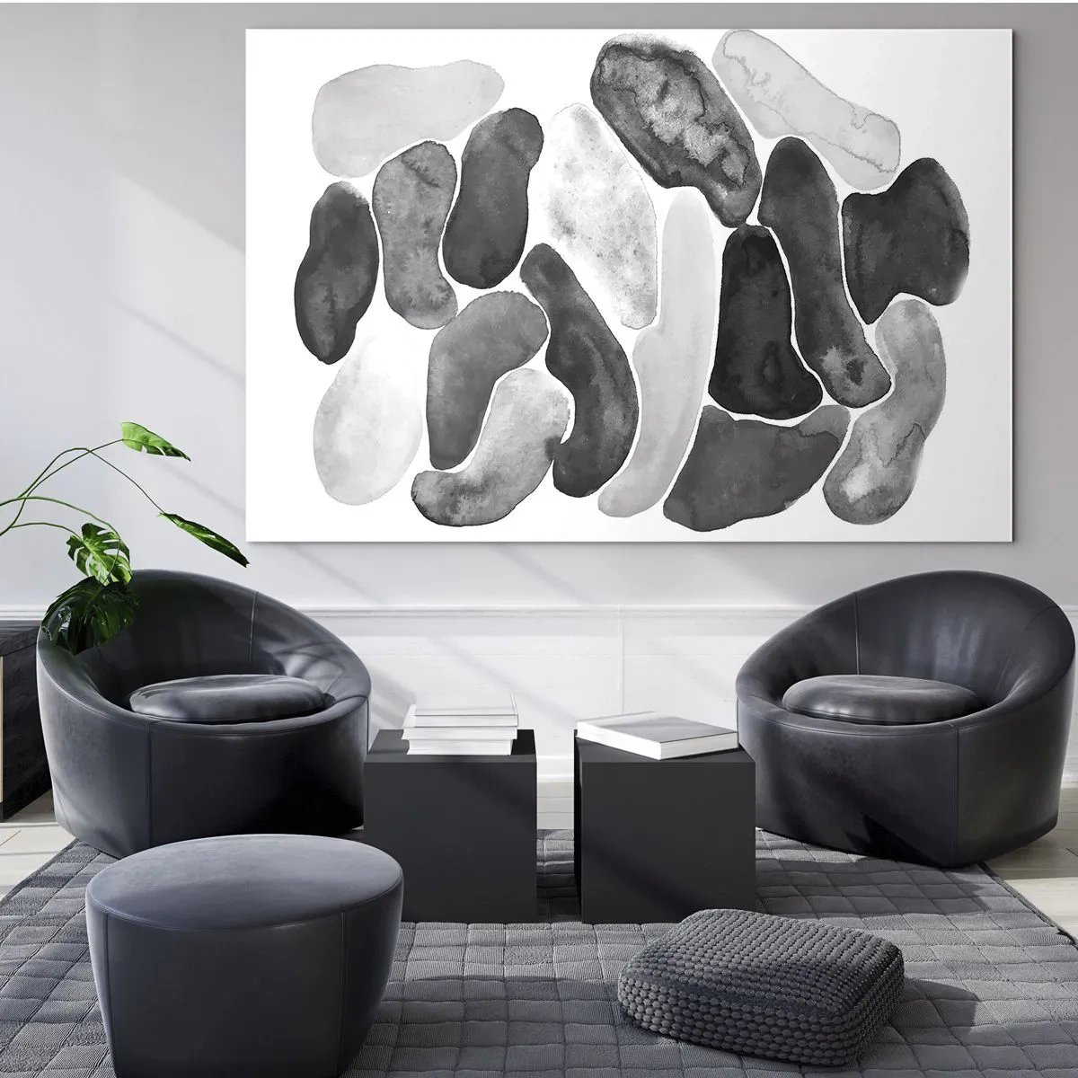 Impression sur verre - Image sur verre - Une composition en noir et blanc de formes abstraites ressemblant à des pierres. - 100x70cm - Abstraction rocheuse - Décoration murale moderne pour le salon et la chambre ARTTOR