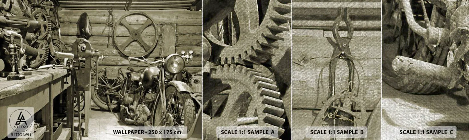 Échantillon de Papier Peint Premium Canvas - Dans le hangar de l'oncle Władek - Moto, Atelier de réparation automobile, Ancien - 100x30 cm