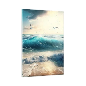 Impression sur verre - Image sur verre - Vagues de la mer sur la plage sous un ciel bleu avec des mouettes - 70x100cm - Ça bourdonne seulement pour toi - Décoration murale moderne pour le salon et la chambre ARTTOR