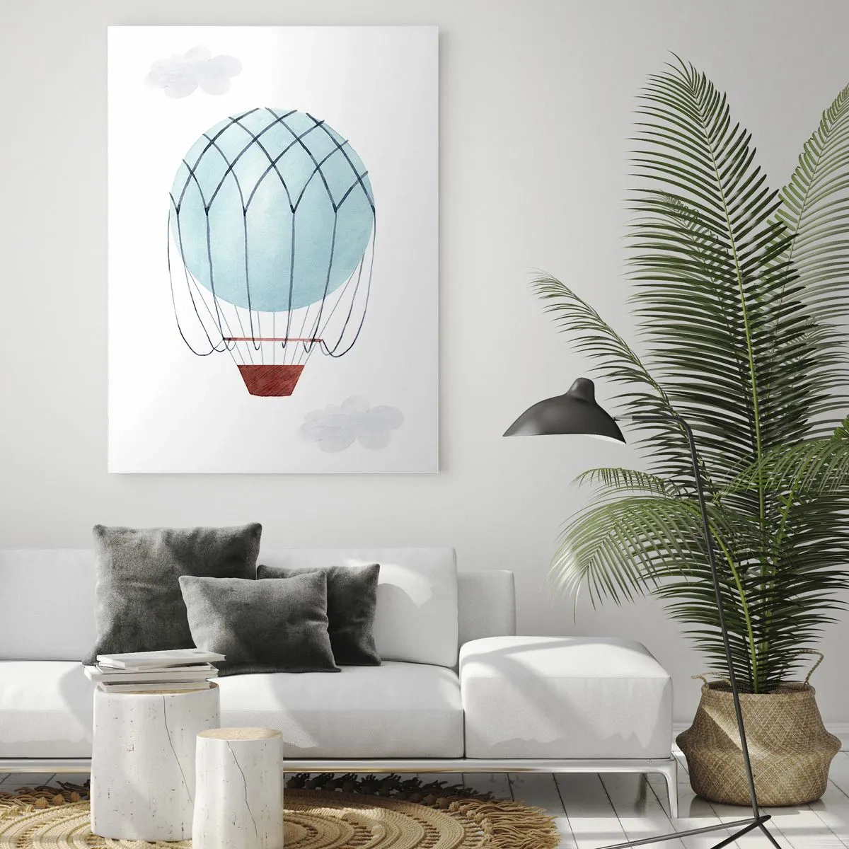 Impression sur verre - Image sur verre - Un ballon peint à la main sur fond de nuages délicats. - 70x100cm - Entièrement dans les nuages - Décoration murale moderne pour le salon et la chambre ARTTOR
