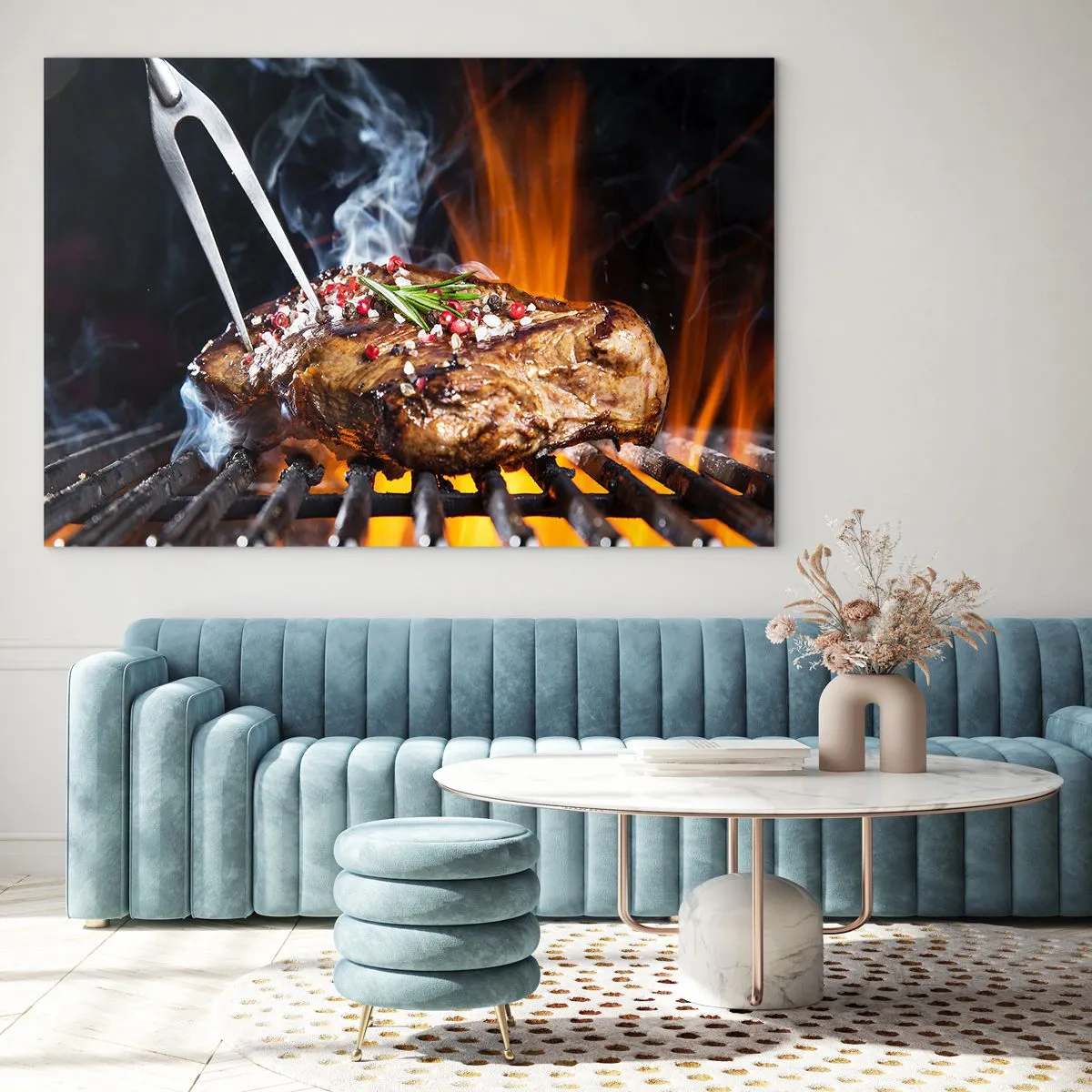 Impression sur verre - Image sur verre - Steak grillé aux épices sur le gril - 100x70cm - Juteux et parfumé - Décoration murale moderne pour le salon et la chambre ARTTOR