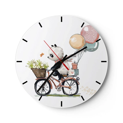 Horloge murale - Pendule murale - Panda sur un vélo avec des ballons et un panier rempli de fleurs - 30x30cm - Jour de chance - Décoration murale moderne pour le salon, la cuisine et la chambre ARTTOR