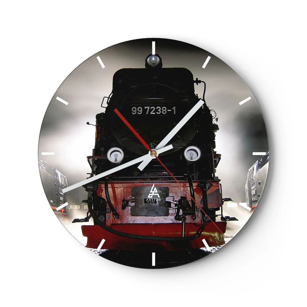 Horloge murale - Pendule murale - Une locomotive à vapeur de style rétro entourée de brouillard - 30x30cm - Il se lève et siffle, halète et souffle - Décoration murale moderne pour le salon, la cuisine et la chambre ARTTOR