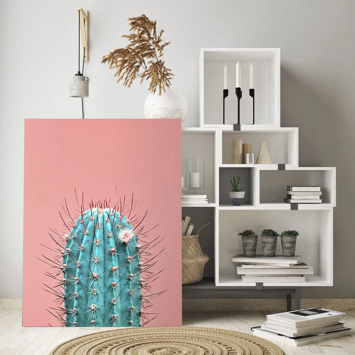 Impression sur verre - Image sur verre - Une interprétation artistique d'un cactus sur fond rose - 80x120cm - Juste regarde - Décoration murale moderne pour le salon et la chambre ARTTOR