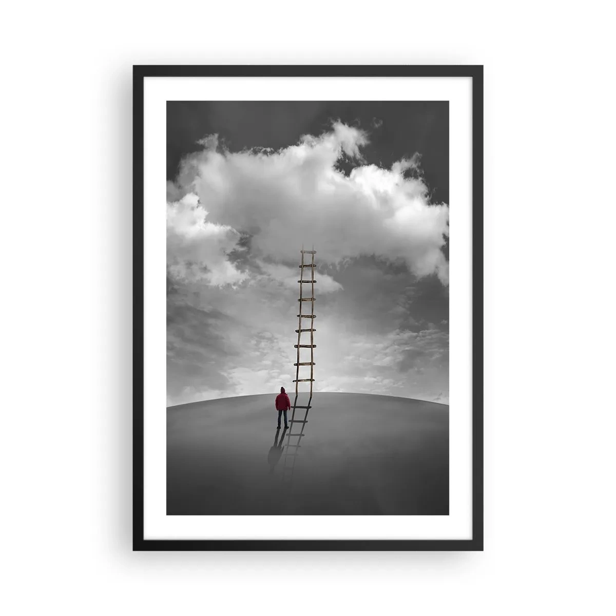 Affiche dans un cadre noir - Poster - Un homme debout près d'une échelle menant aux nuages - 50x70cm - Tout est possible - Décoration murale moderne pour le salon et la chambre ARTTOR