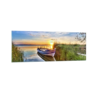 Impression sur verre - Image sur verre - Un bateau dans une baie tranquille au coucher du soleil - 140x50cm - La crique où les rêves deviennent réalité - Décoration murale moderne pour le salon et la chambre ARTTOR