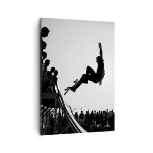 Impression sur toile - Image sur toile - Scène de skateboard en noir et blanc sur une rampe - 50x70cm - Héros et spectateurs - Décoration murale moderne pour le salon et la chambre ARTTOR