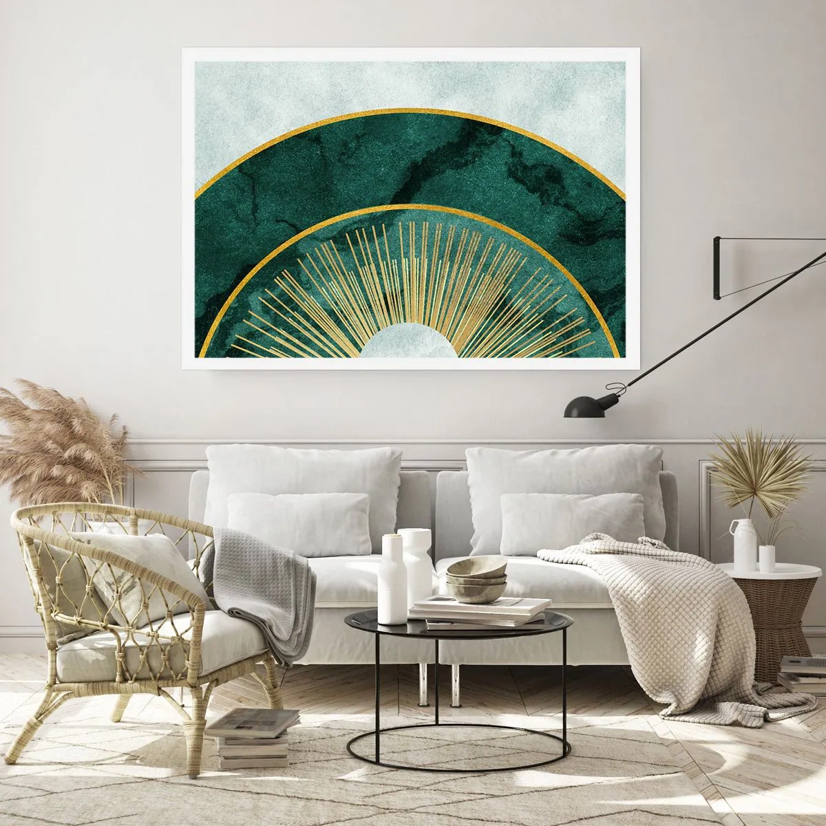 Affiche - Poster - Motif abstrait avec des cercles aux couleurs émeraude et or. - 100x70cm - Un autre système solaire - Décoration murale moderne pour le salon et la chambre ARTTOR