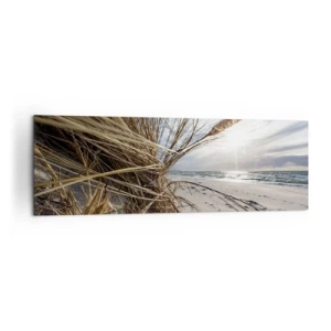 Impression sur toile - Image sur toile - Une plage avec de l'herbe sèche sur les dunes et une vue sur la mer - 160x50cm - Rencontre des éléments - Décoration murale moderne pour le salon et la chambre ARTTOR