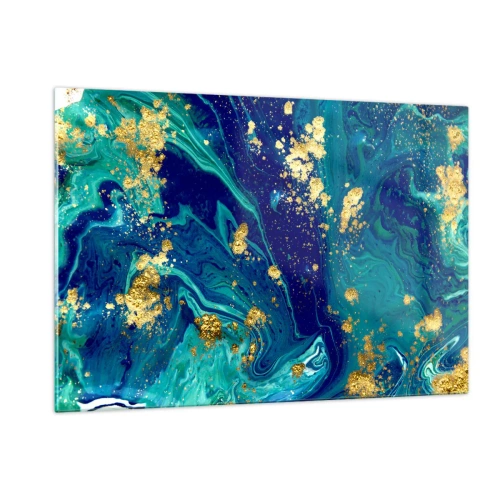 Impression sur verre - Image sur verre - Un motif abstrait dans des tons turquoise et bleu marine avec des accents dorés - 120x80cm - Les pétales du soleil - Décoration murale moderne pour le salon et la chambre ARTTOR
