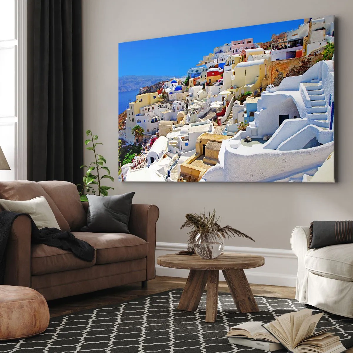 Impression sur toile - Image sur toile - Panorama de Santorin avec des maisons blanches et un ciel bleu - 70x50cm - Le rêve d'un été grec - Décoration murale moderne pour le salon et la chambre ARTTOR
